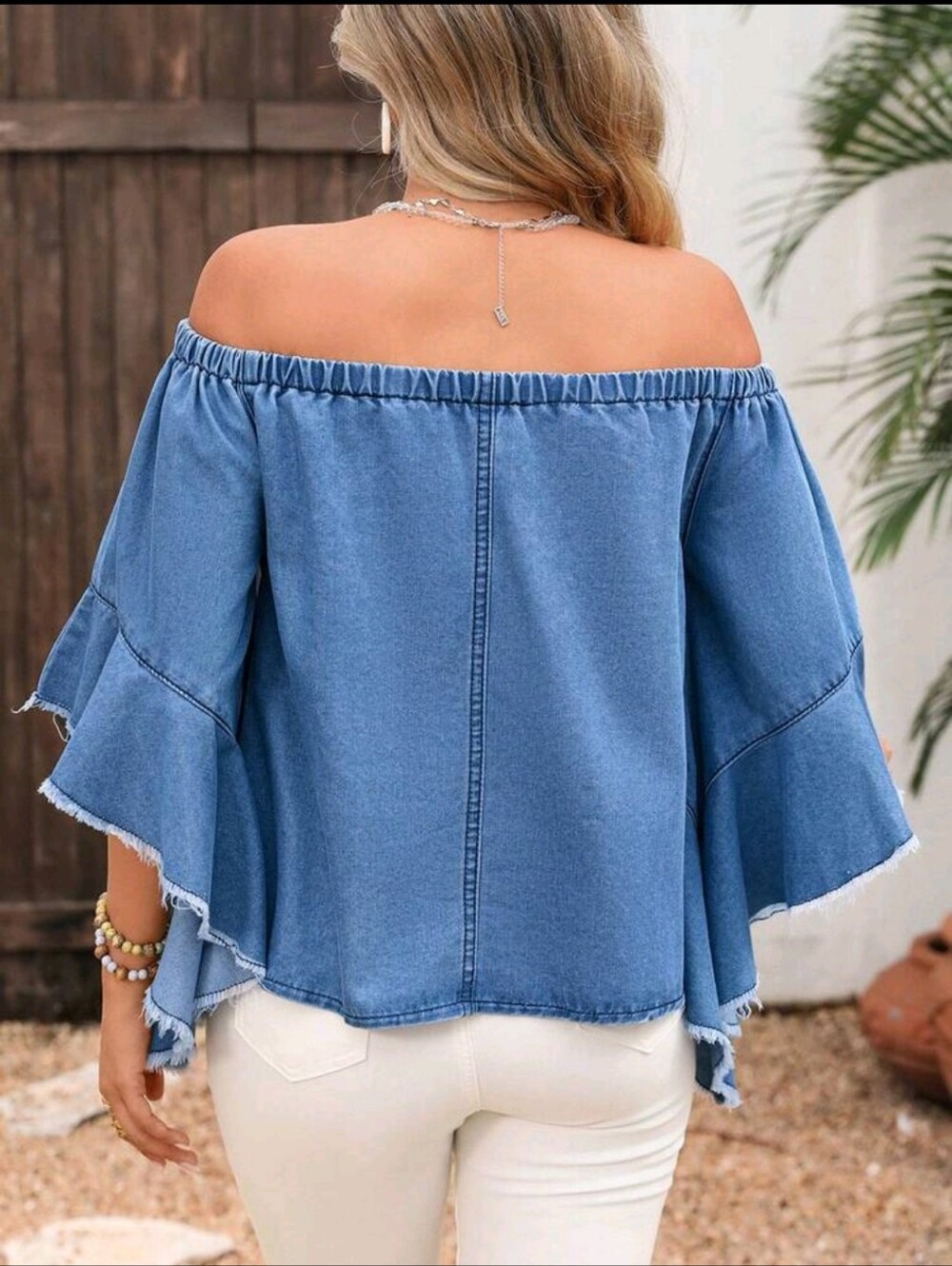 Off-Shoulder Denim Blue Ruffle Sleeve Top - Picture 2 of 3